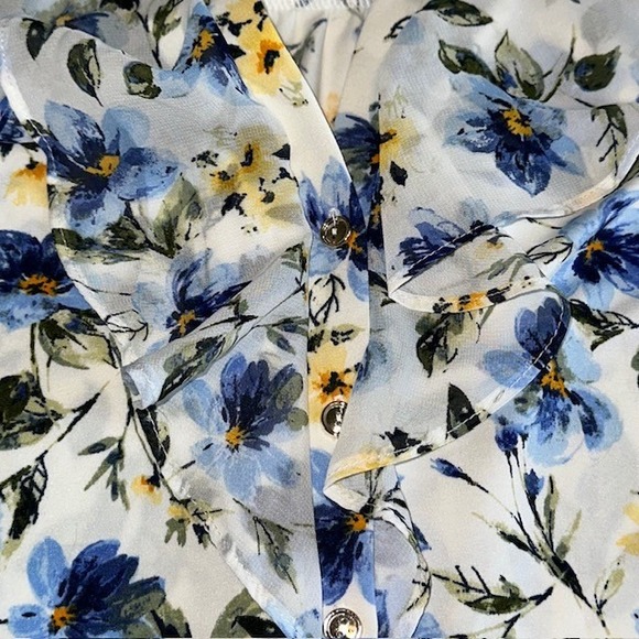 Perseption Concept Floral Ruffle Blouse Button Down Top Short Sleeve Size L‎ - Picture 7 of 16